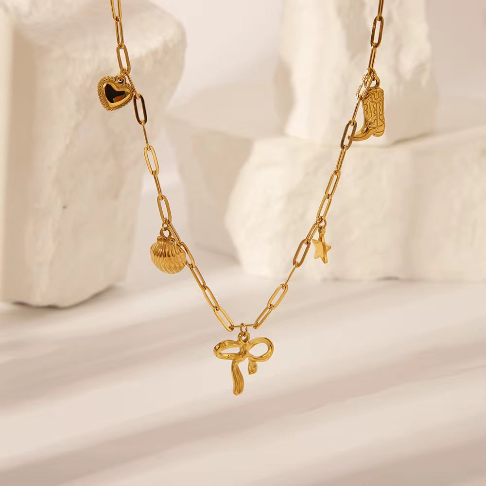 Gold-Plated Sterling Silver Charm Necklace – Bow, Star, Shell & Heart Dangle Pendant Chain