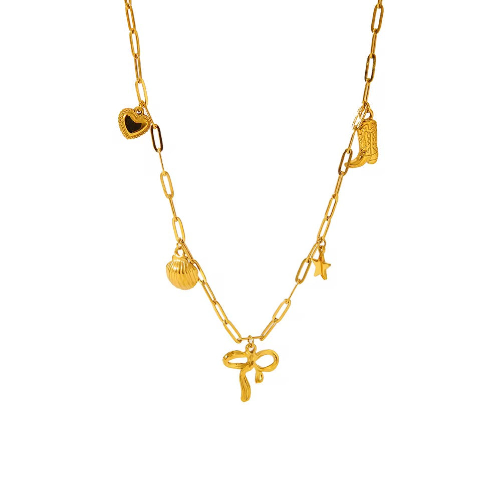 Gold-Plated Sterling Silver Charm Necklace – Bow, Star, Shell & Heart Dangle Pendant Chain