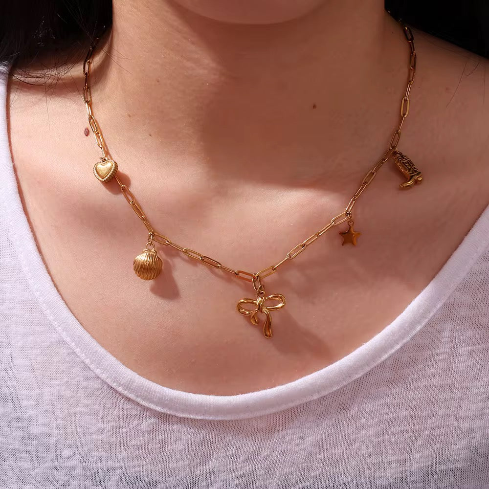 Gold-Plated Sterling Silver Charm Necklace – Bow, Star, Shell & Heart Dangle Pendant Chain