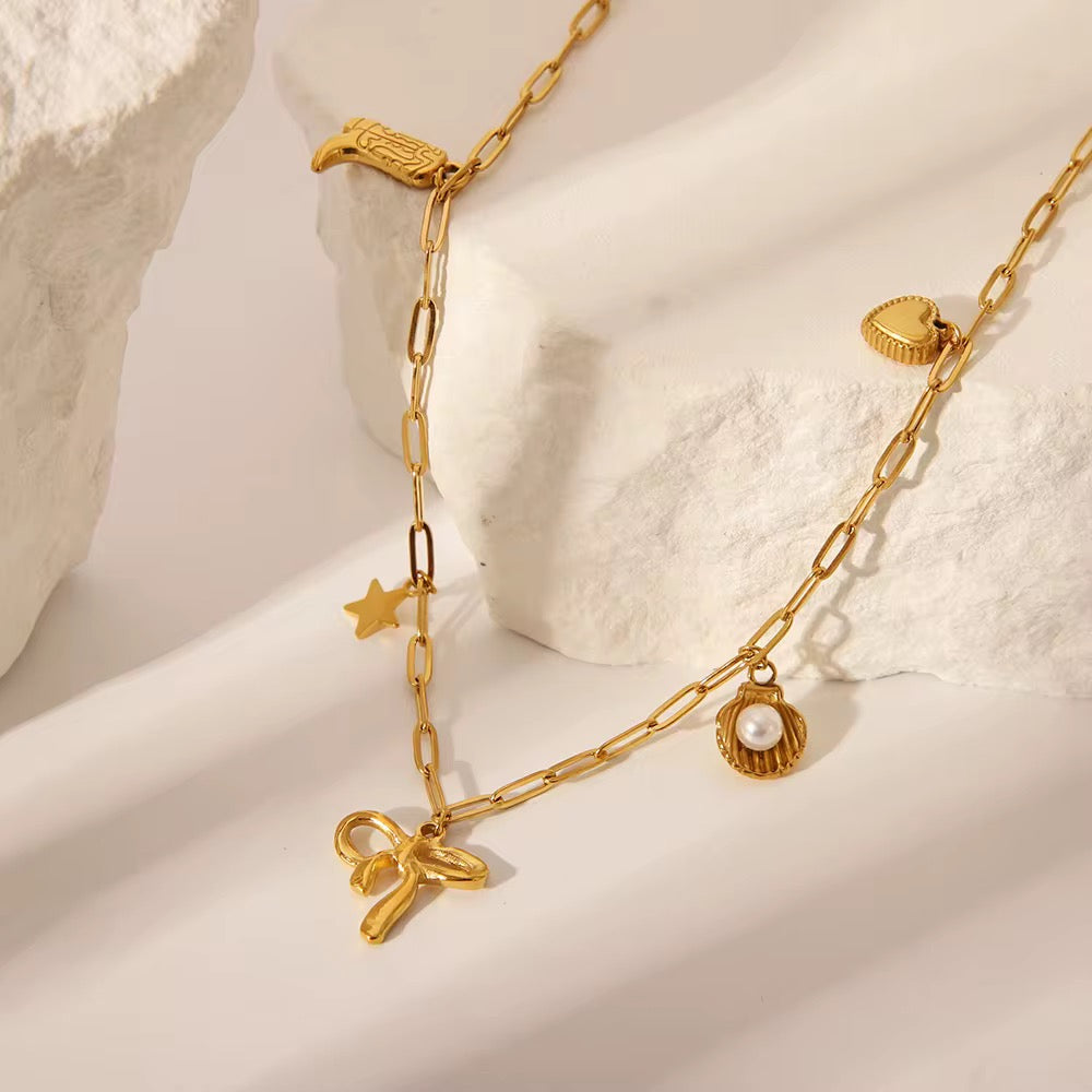 Gold-Plated Sterling Silver Charm Necklace – Bow, Star, Shell & Heart Dangle Pendant Chain