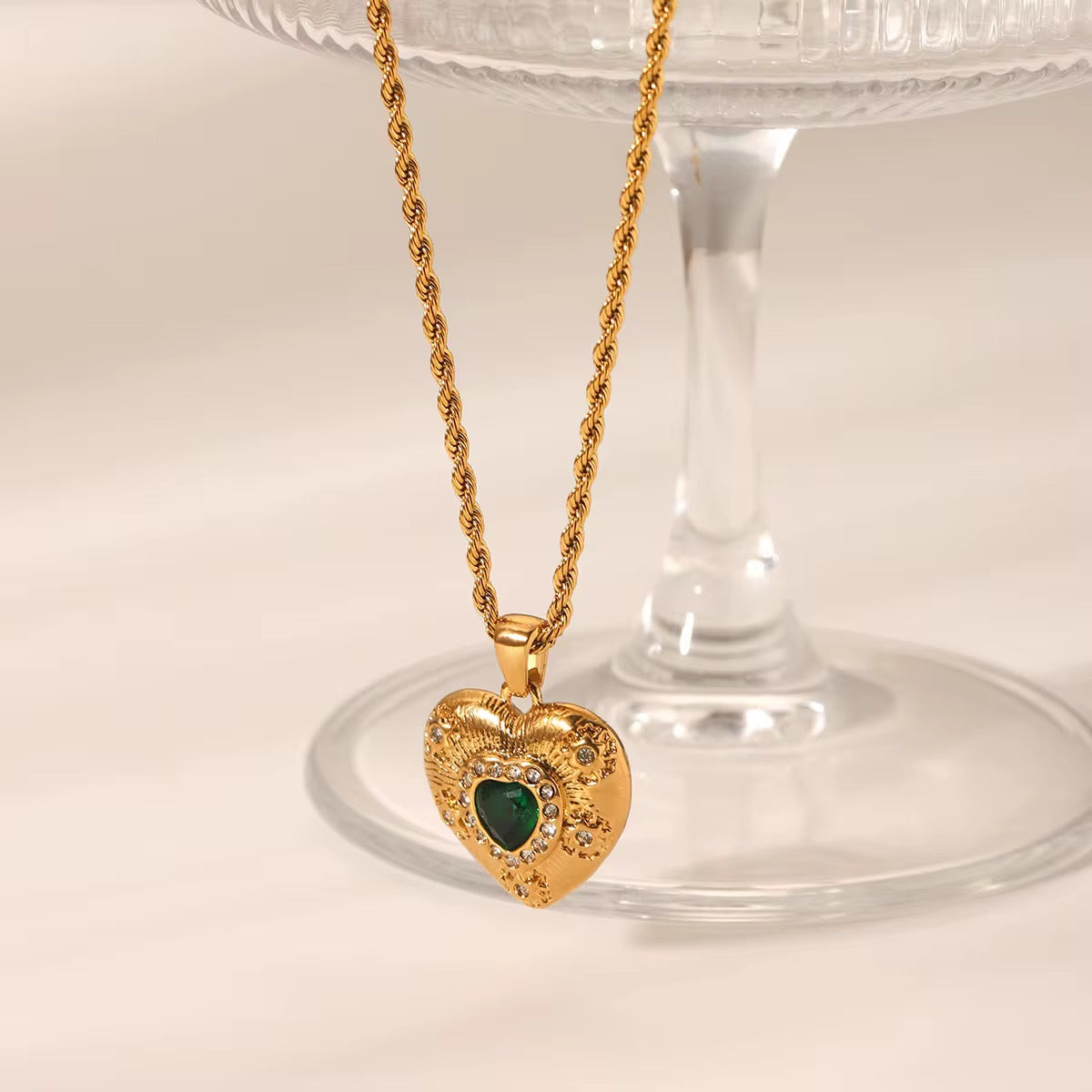 Gold-Plated Sterling Silver Heart Pendant Necklace – Emerald Green Crystal & CZ Accent