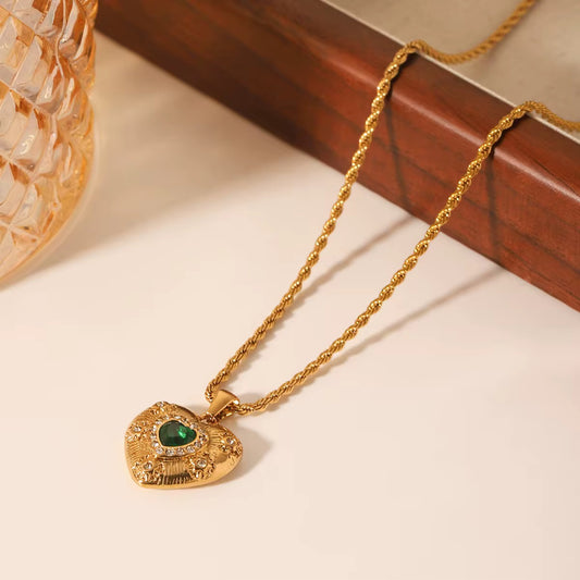 Gold-Plated Sterling Silver Heart Pendant Necklace – Emerald Green Crystal & CZ Accent